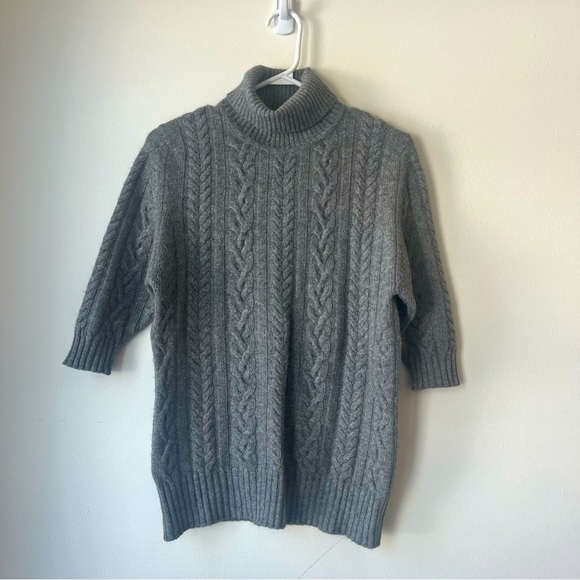 Saks Fifth Avenue 3/4 sleeve cable knit turtleneck sweater medium grey - Picture 1 of 10
